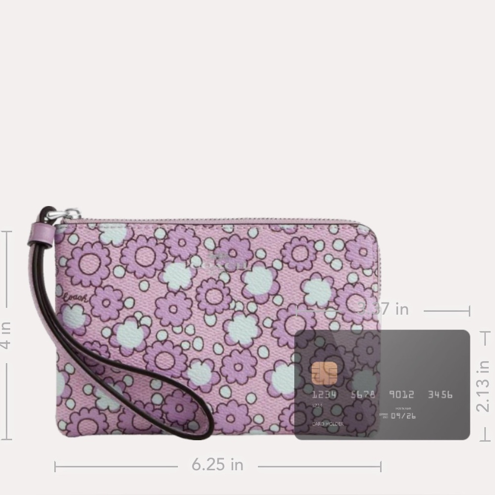 Coach Corner Zip Wristlet With Floral Print Lilac/Purple Floral Clutch 🆕 - Picture 5 of 9